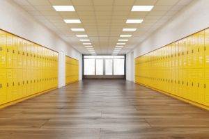 School Corridor With Yellow Lockers
