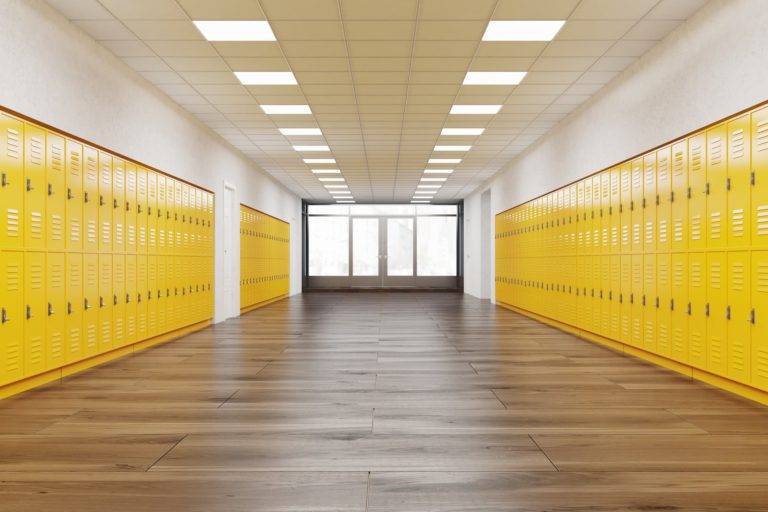School Corridor With Yellow Lockers